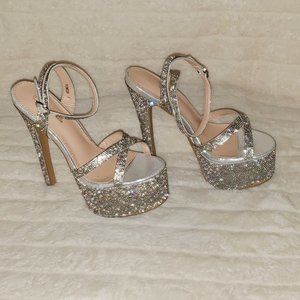 Bejeweled Pioneer Silver Sparkling Rhinestone Platform 6.5" Heels…